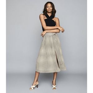 Reiss Pleated Skirt Women's Size 0 Black White Jorja Print Midi High Waisted